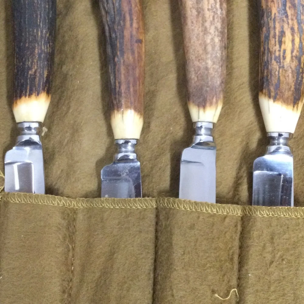 Vintage Stag Horn Flatware Antler Handle Steak Knife & Fork Set 12 Rustic Brown
